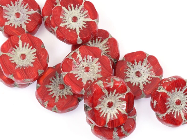 12mm Hibiscus Flower Beads Bright Red Opaline Mix with Light Grey Wash Czech Glass Flower Beads for Spring Jewelry 177 image 3