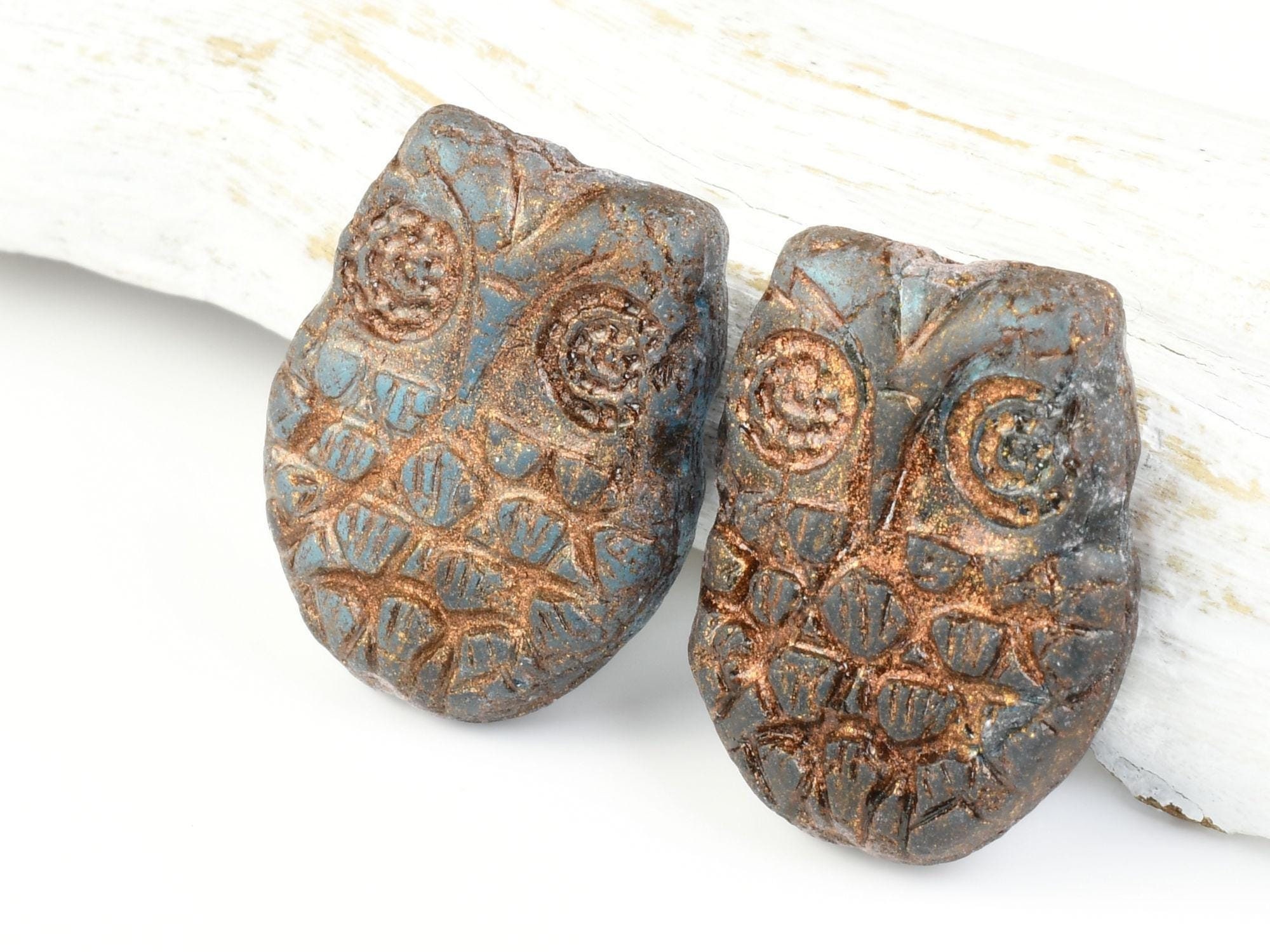 18mm Horned Glass Owl Beads - Montana Blue Transparent Matte with Dark Bronze Wash - Raven's Jou