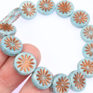 12mm Aster Flower Coin Beads Sky Blue Silk with Copper Wash Czech Glass Beads by Ravens Journey Pastel Light Blue Flower Beads 960 image 3