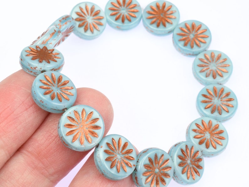 12mm Aster Flower Coin Beads Sky Blue Silk with Copper Wash Czech Glass Beads by Ravens Journey Pastel Light Blue Flower Beads 960 image 3