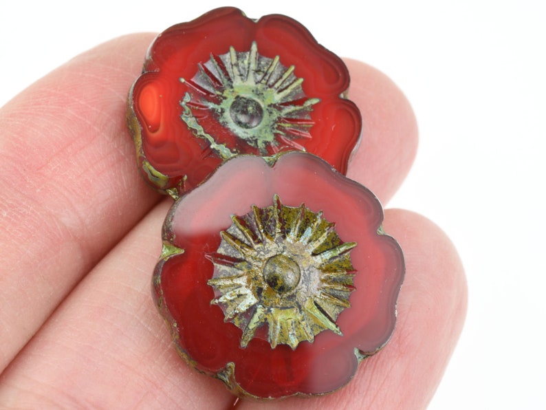17mm Red With Travertine Finish 0066 Beads Table Cut Czech Glass Beads Flower Beads