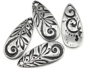 4+ Dark Antique Silver Charms Silver Tear Drop TierraCast JARDIN TEARDROP Floral Nature Charm with Swirly Vine Motif Bohemian Charms (P1383)