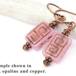 12 Pieces 13mm x 9mm Greek Key Rectangle Czech Glass Beads Pink Opaline with Dark Bronze Wash Light Pink Beads for Jewelry Making 186 image 4