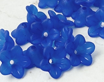 18 ROYAL BLUE Frosted Lucite Flower Bead 7mm x 13mm Trumpet Flower Beads Sapphire Cobalt Blue