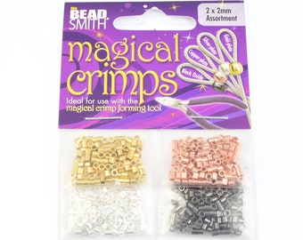 May include: A package of "Magical Crimps" from The Bead Smith, featuring an assortment of 2 x 2mm crimp beads in gold, copper, silver-plate, and black oxide finishes. The package includes text that says "Ideal for use with the magical crimp forming tool."