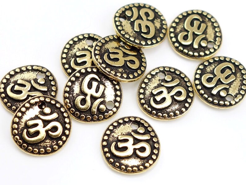 Small Om Charms Gold Charms 11mm Antique Gold Om Coin Charm TierraCast Yoga Charms Mindfulness Meditation Zen Buddhism Buddhist P362 image 2