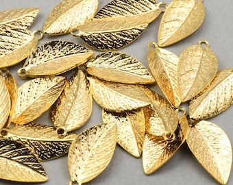 Small Gold Leaf Charms - Plated BRIGHT GOLD Leaves - 15mm x 7mm Golden Leaves Autumn Fall Charms  #FB200