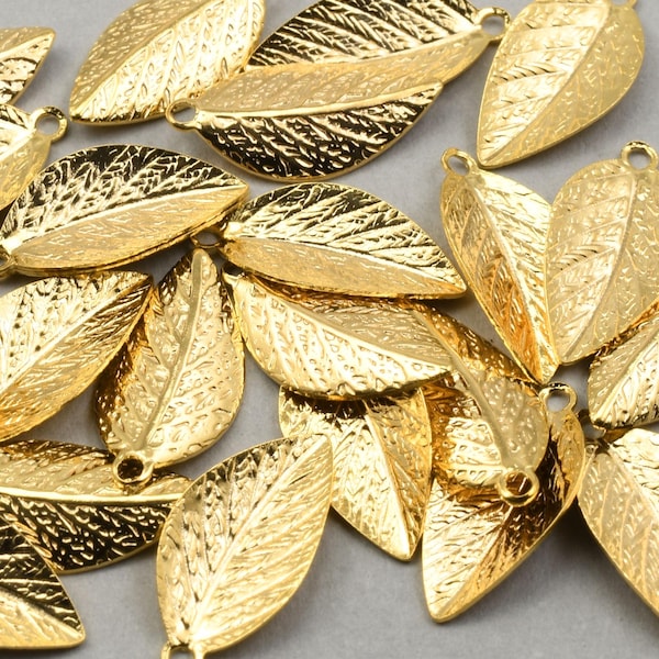 Small Gold Leaf Charms - Plated BRIGHT GOLD Leaves - 15mm x 7mm Golden Leaves Autumn Fall Charms  #FB200