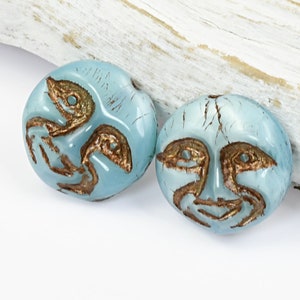 13mm Moon Face Beads Icy Blue Silk Opaque with Dark Bronze Wash Czech Glass Coin Beads by Ravens Journey Celestial Moon Beads 730 image 4