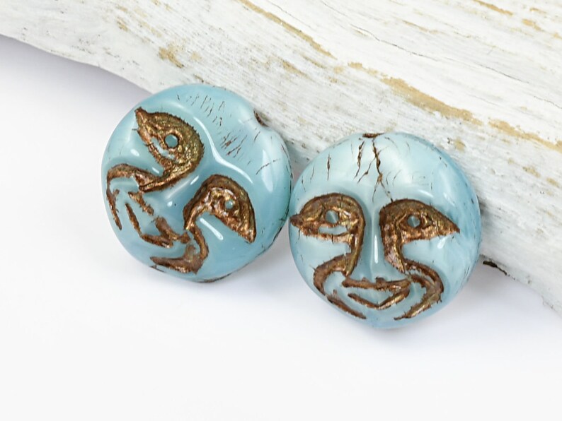 13mm Moon Face Beads Icy Blue Silk Opaque with Dark Bronze Wash Czech Glass Coin Beads by Ravens Journey Celestial Moon Beads 730 image 4