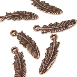 Feather Charms 23mm Antique Copper Charms TierraCast Small Feather Drop Pewter Metal Beads Tribal Native American P805 image 1