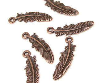 Feather Charms - 23mm Antique Copper Charms - TierraCast Small Feather Drop - Pewter Metal Beads Tribal Native American (P805)