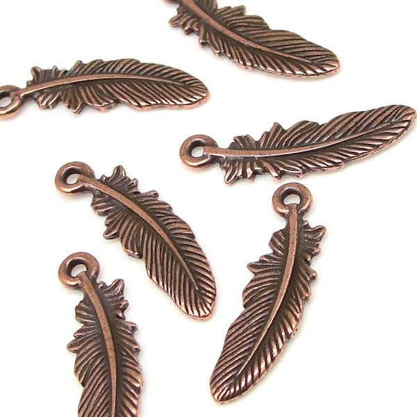 Feather Charms - 23mm Antique Copper Charms - TierraCast Small Feather Drop - Pewter Metal Beads Tribal Native American (P805)