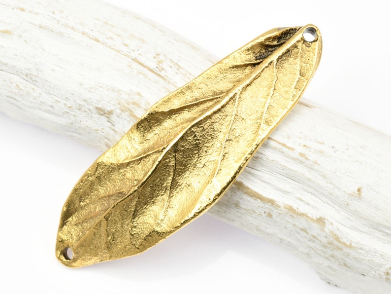 2 Antique Gold Leaf Link Double Hole Large Leaf Bracelet Link 3 Dimensional 50mm Centerpiece for Autumn Fall Jewelry image 1