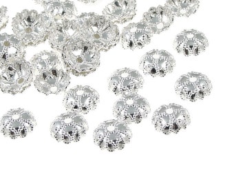 48 Silver Bead Caps Bright Silver Plated 7mm Ornate Domed Textured Silver Beadcaps (FS117)