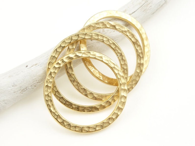 1 Large Hammertone Textured Metal Rings Bright Gold Ring Link Connectors TierraCast Flat Hammered Ring Charms P489 image 1