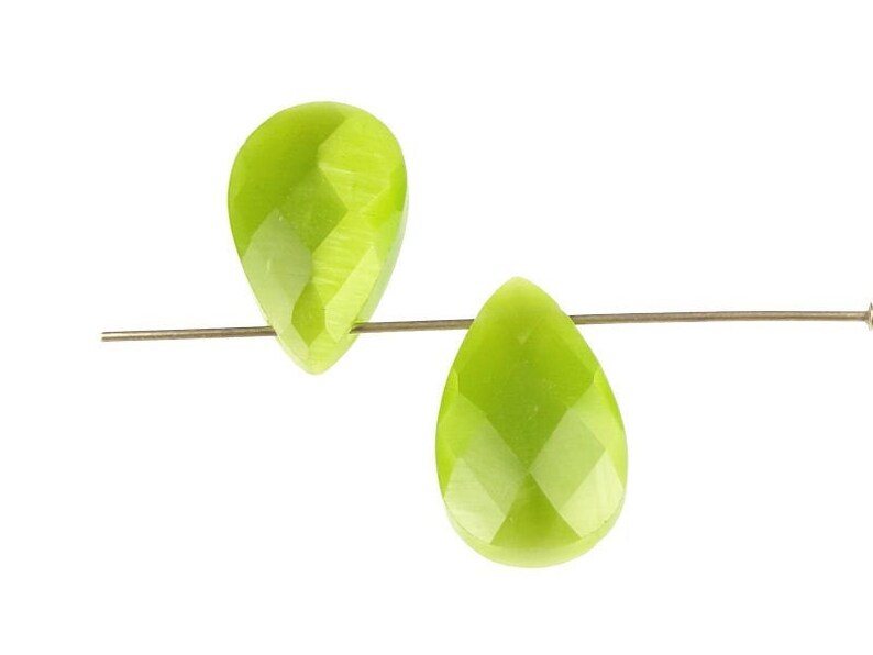 4 Cats Eye Briolette Beads Apple Green Beads Lime Green Beads Fiber Optic Pendant Beads Chartreuse Top Drilled Side Drilled Faceted Teardrop image 1