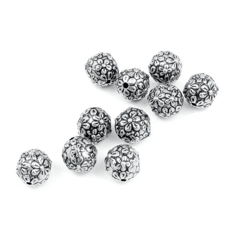 Silver Beads Wildrose Wild Rose Floral Round Flower 8mm Round Beads TierraCast Pewter Antique Silver P147 image 3