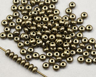 144+ Beads - 3mm x 2mm Donut Beads - ANTIQUE BRASS Beads - Bronze Color Plated Tiny Spacer Beads Heishi Torus Curved Disk Beads   FB115