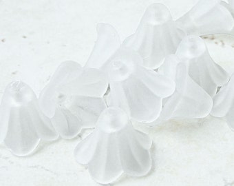 12 WHITE Flower Beads Frosted Lucite Flower Beads White 14mm x 10mm Ivory Snow White Bell Flower Beads - Ice White