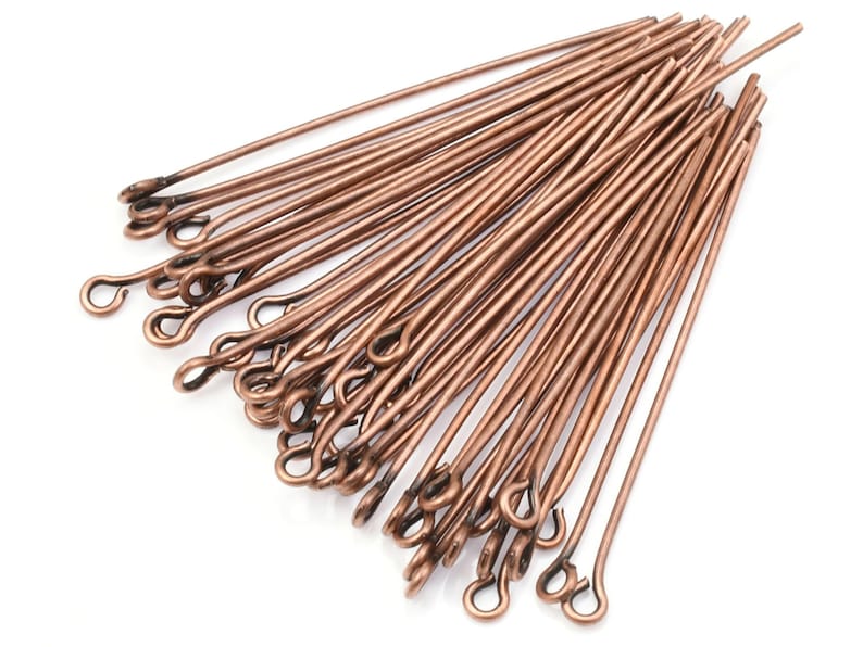 50 Antique Copper Eye Pins 1.5 Long and 21 Gauge Plated Dark Copper Eyepin Findings Copper Oxide Findings for Jewelry Making FSAC32 image 1