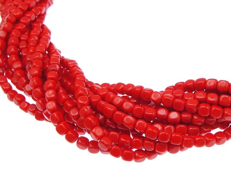 100 4mm Cube Beads OPAQUE RED Bright Candy Apple Red Christmas Red Czech Glass Beads Czech Beads String of 100 4mm Beads image 1