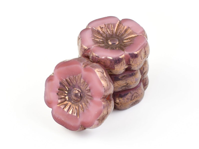 Abalorios de flores de hibisco de 12 mm Abalorios de flores rosas polvorientas Seda rosa con acabado en bronce Abalorios de flores de vidrio checo para joyería de primavera 191 imagen 2