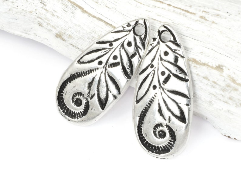 Antique Silver Charms Silver Tear Drop TierraCast JARDIN TEARDROP Floral Nature Charm with Swirly Vine Motif Bohemian Charms P2504 image 1