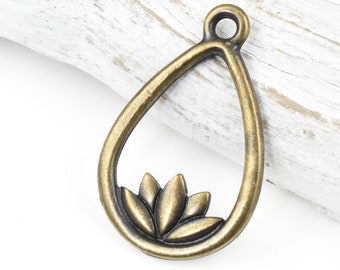 Antique Brass Lotus Pendant - TierraCast Lotus Teardrop Drop - 26mm x 16mm Bronze Yoga Charms for Meditation Jewelry (P1744)