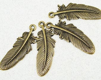 TierraCast Large Feather Charms - Antique Gold Feather Pendants - Tierra Cast Pewter Native American Feathers (P214)