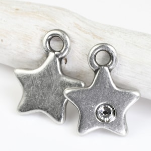 Tiny Silver Star Charm with Clear Crystal TierraCast Dark Antique Silver Pewter Charm 11mm x 14mm Celestial Flat Star Drop P2670 image 1