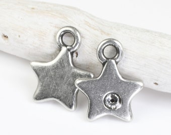 Tiny Silver Star Charm with Clear Crystal - TierraCast Dark Antique Silver Pewter Charm - 11mm x 14mm Celestial Flat Star Drop (P2670)