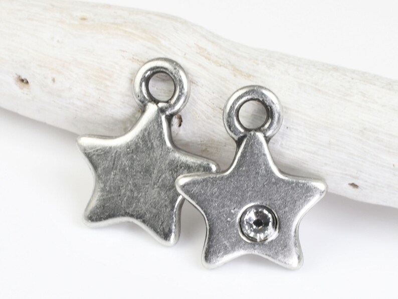 Tiny Silver Star Charm with Clear Crystal TierraCast Dark Antique Silver Pewter Charm 11mm x 14mm Celestial Flat Star Drop P2670 image 1