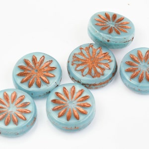 12mm Aster Flower Coin Beads Sky Blue Silk with Copper Wash Czech Glass Beads by Ravens Journey Pastel Light Blue Flower Beads 960 image 2