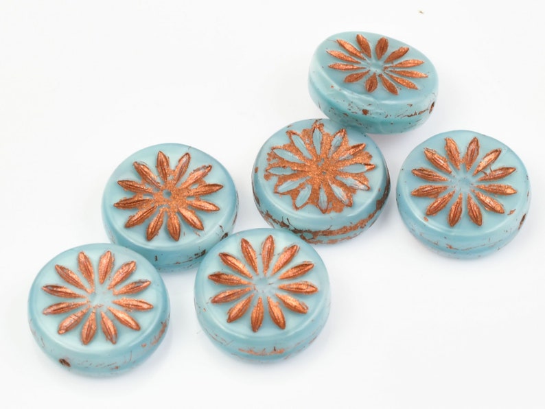 12mm Aster Flower Coin Beads Sky Blue Silk with Copper Wash Czech Glass Beads by Ravens Journey Pastel Light Blue Flower Beads 960 image 2