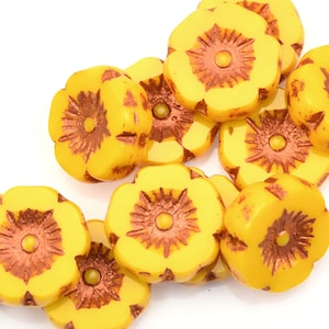 12mm Hibiscus Flower Beads Yellow Flower Beads Marigold Yellow Opaque with Copper Wash Czech Glass Flower Beads for Spring Jewelry 170 image 3