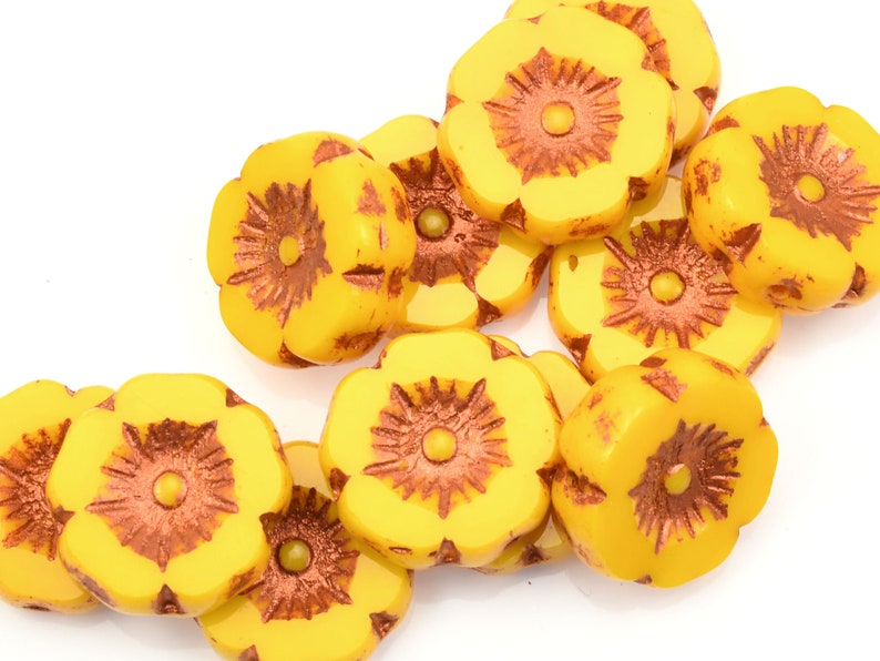 12mm Hibiscus Flower Beads Yellow Flower Beads Marigold Yellow Opaque with Copper Wash Czech Glass Flower Beads for Spring Jewelry 170 image 3