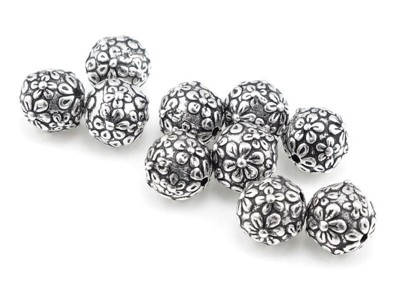 Silver Beads Wildrose Wild Rose Floral Round Flower 8mm Round Beads TierraCast Pewter Antique Silver P147 image 1