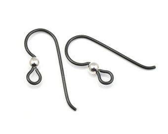Black Niobium Earring Wires w/ Sterling Accents - Hypoallergenic Niobium Findings Ear Findings French Hooks (PH40)