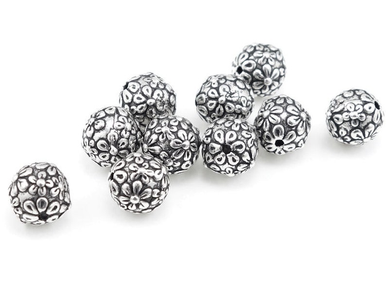 Silver Beads Wildrose Wild Rose Floral Round Flower 8mm Round Beads TierraCast Pewter Antique Silver P147 image 2