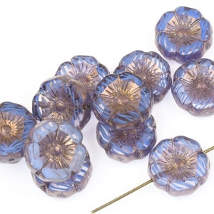 12mm Hibiscus Flower Beads Crystal Sapphire Transparent and Blue Stripe Mix with Bronze Finish Czech Glass Beads Indigo 094 image 2