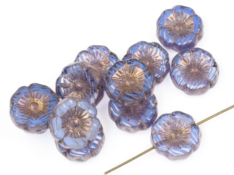 12mm Hibiscus Flower Beads Crystal Sapphire Transparent and Blue Stripe Mix with Bronze Finish Czech Glass Beads Indigo 094 image 2