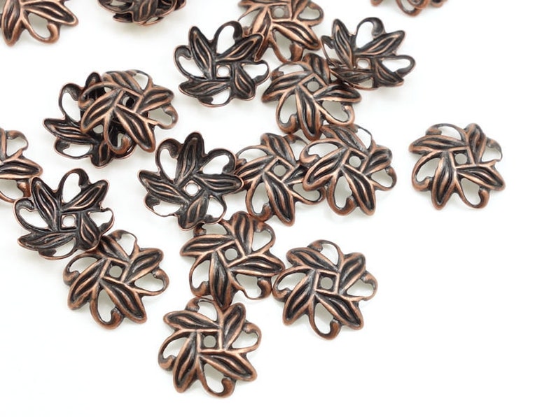 36 or more 10mm Antique Copper Bead Caps Aged Solid Copper Beadcaps Flat Filigree Petal Shape Copper Beads FSAC53 image 2