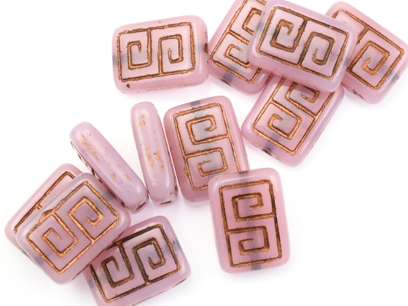 12 Pieces 13mm x 9mm Greek Key Rectangle Czech Glass Beads Pink Opaline with Dark Bronze Wash Light Pink Beads for Jewelry Making 186 image 6
