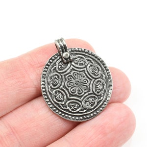 Antique Pewter Pendant for Meditation Jewelry TierraCast Eight Signs Pendant Ashtamangala Buddhism Medallion 26mm x 31mm P2420 image 5