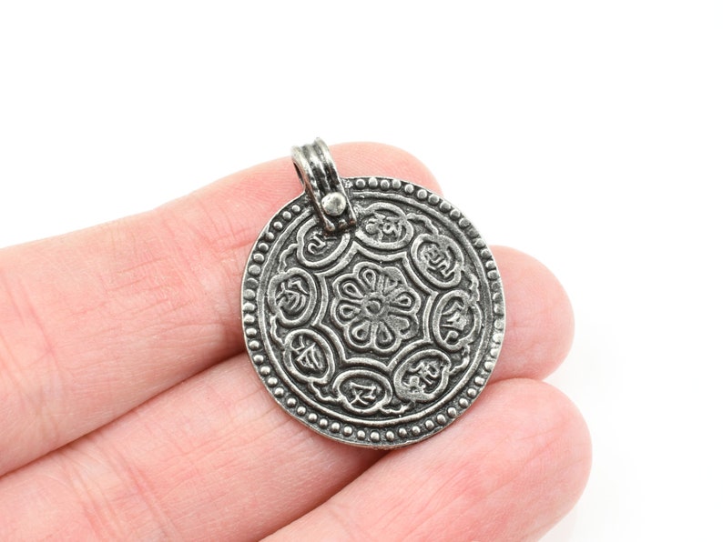 Antique Pewter Pendant for Meditation Jewelry TierraCast Eight Signs Pendant Ashtamangala Buddhism Medallion 26mm x 31mm P2420 image 5