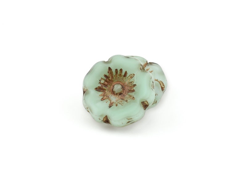 12mm Hibiscus Flower Beads Sea Green Silk with Dark Bronze Wash Mint Green Flower Beads Flat Czech Glass Flower Beads 951 image 4