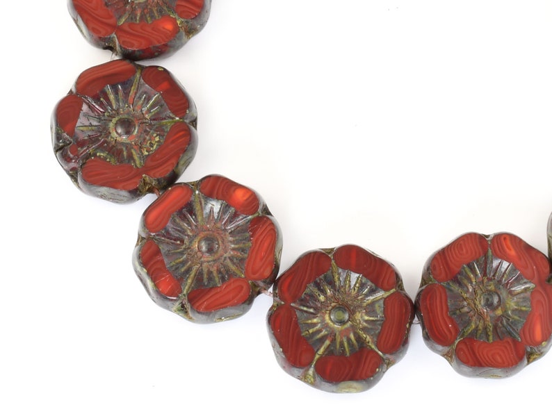 12mm Hibiscus Flower Beads Dark Red Opaline Mix with Picasso Finish Czech Glass Flower Beads for Spring Jewelry 183 image 4