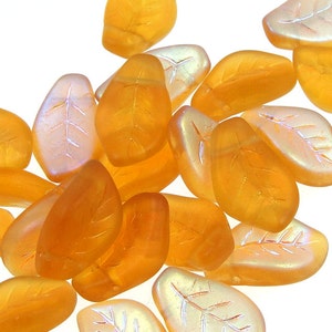 Topaz Leaf Beads 25 14mm x 9mm Czech Glass Leaves Warm Golden Amber AB Matte Frosted Iced Fall Beads Autumn Beads Golden Leaf Briolettes image 2