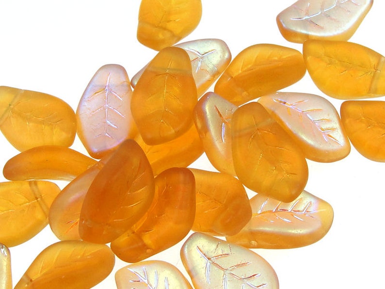 Topaz Leaf Beads 25 14mm x 9mm Czech Glass Leaves Warm Golden Amber AB Matte Frosted Iced Fall Beads Autumn Beads Golden Leaf Briolettes image 2